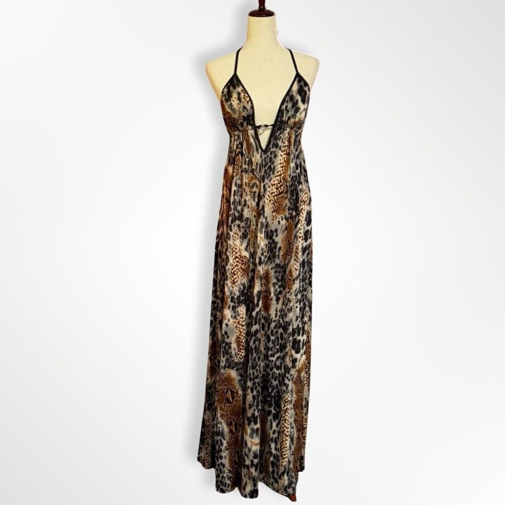 Frederick's of Hollywood, Long Leopard Backless Halter Plunge Dress, L Mob Wife
